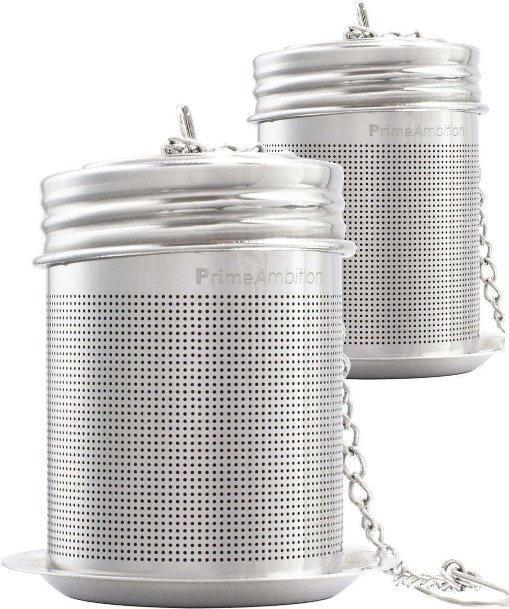 PrimeAmbition - 2 Stuks Theezeef En Theetip Voor Losse Thee - Extra Fijne Filter - Thee Ei Set Met Schoteltje Voor Theezakjes 3 PrimeAmbition - 2 Stuks Theezeef En Theetip Voor Losse Thee - Extra Fijne Filter - Thee Ei Set Met Schoteltje Voor Theezakjes