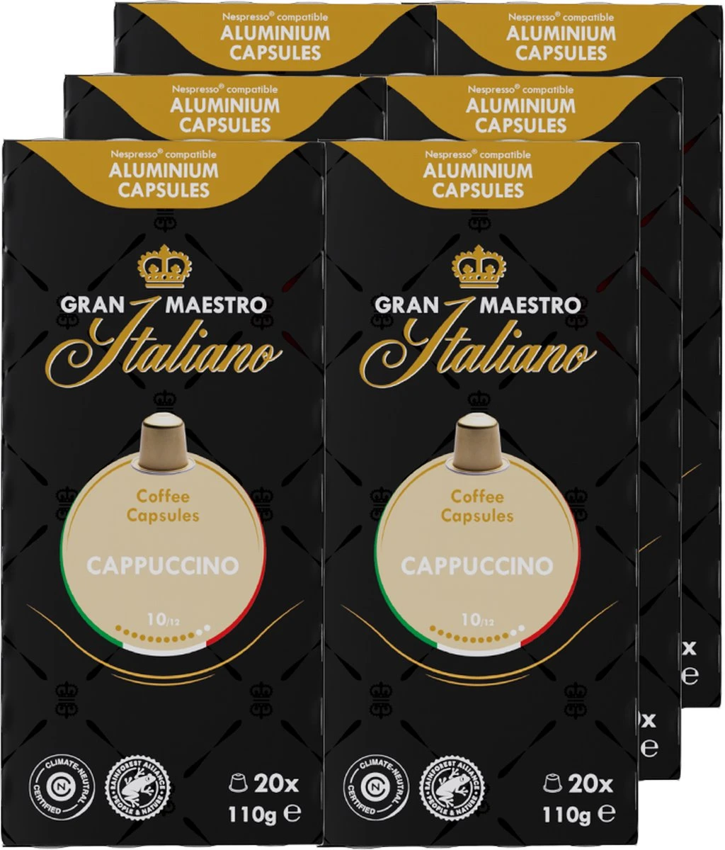 Gran Maestro Italiano - Cappuccino - Koffiecups - Nespresso Compatibel Capsules - Intense Smaak - 6 X 20 Cups 3 Gran Maestro Italiano - Cappuccino - Koffiecups - Nespresso Compatibel Capsules - Intense Smaak - 6 X 20 Cups