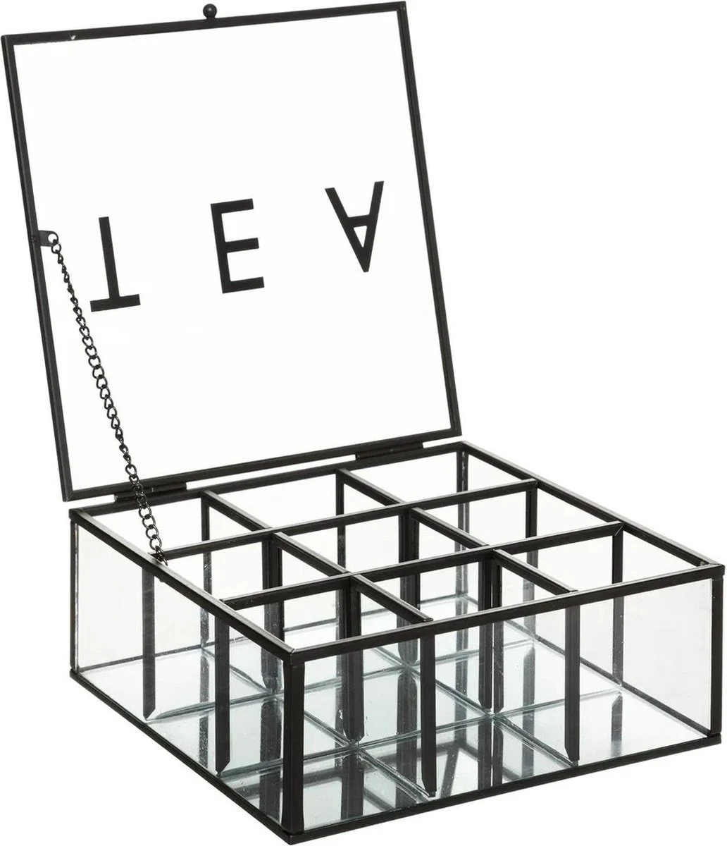 Theedoos/theekist Industrieel Zwart 9-vaks 18,5 X 17,5 Cm Van Glas/metaal - Theezakjes Doos/kist 4 Theedoos/theekist Industrieel Zwart 9-vaks 18,5 X 17,5 Cm Van Glas/metaal - Theezakjes Doos/kist - Afbeelding 2