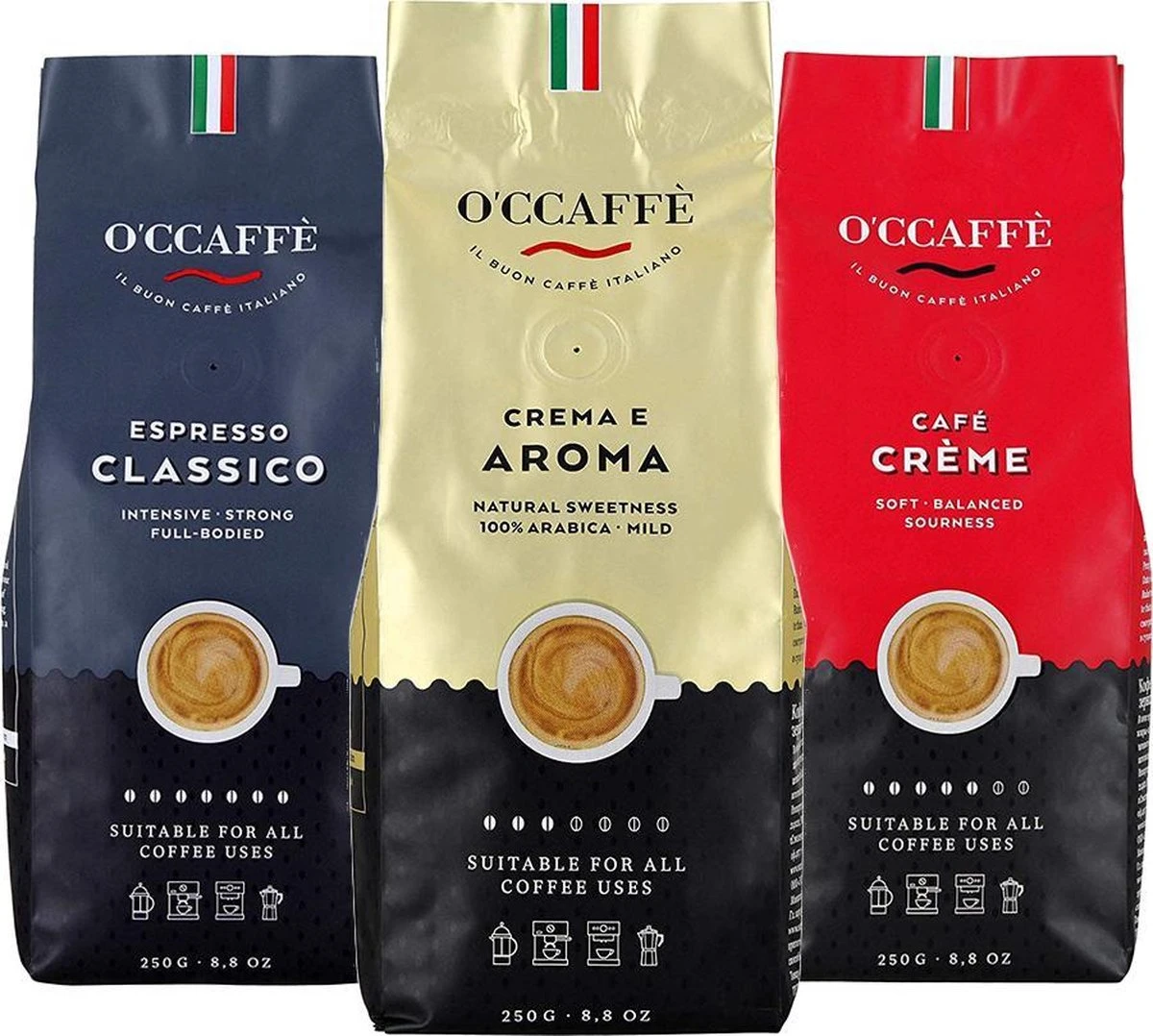 O'ccaffè - Italiaanse Koffiebonen Proefpakket | 3 X 250gr | Barista Kwaliteit 3 O'ccaffè - Italiaanse Koffiebonen Proefpakket | 3 X 250gr | Barista Kwaliteit
