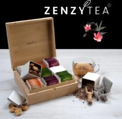 Theedoos Van ZENZYTEA® - Bamboe - Theedoos 9 Vaks - Inclusief 3 Theeblikken Voor Losse Thee - Geschikt Voor Grote & Kleine Theezakjes - Vierkant - Grote Vakken - Luxe Verpakking - Cadeau -Koffiedranken 1200x1169 3