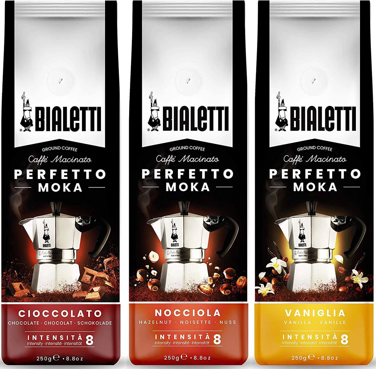 Bialetti Perfetto Moka Gemalen Koffie Smaken Proefpakket - 3 X 250 Gram - Cioccolato, Nocciola En Vaniglia 3 Bialetti Perfetto Moka Gemalen Koffie Smaken Proefpakket - 3 X 250 Gram - Cioccolato, Nocciola En Vaniglia