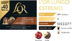 L'OR Lungo Estremo Koffiecups - Intensiteit 10/12 - 4 X 40 Capsules -Koffiedranken 1200x676