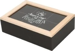 Excellent Houseware Houten Theedoos/theekist Met 6 Vakken - 24 X 16 X 7 Cm - Bruin / Zwart - Theedozen
