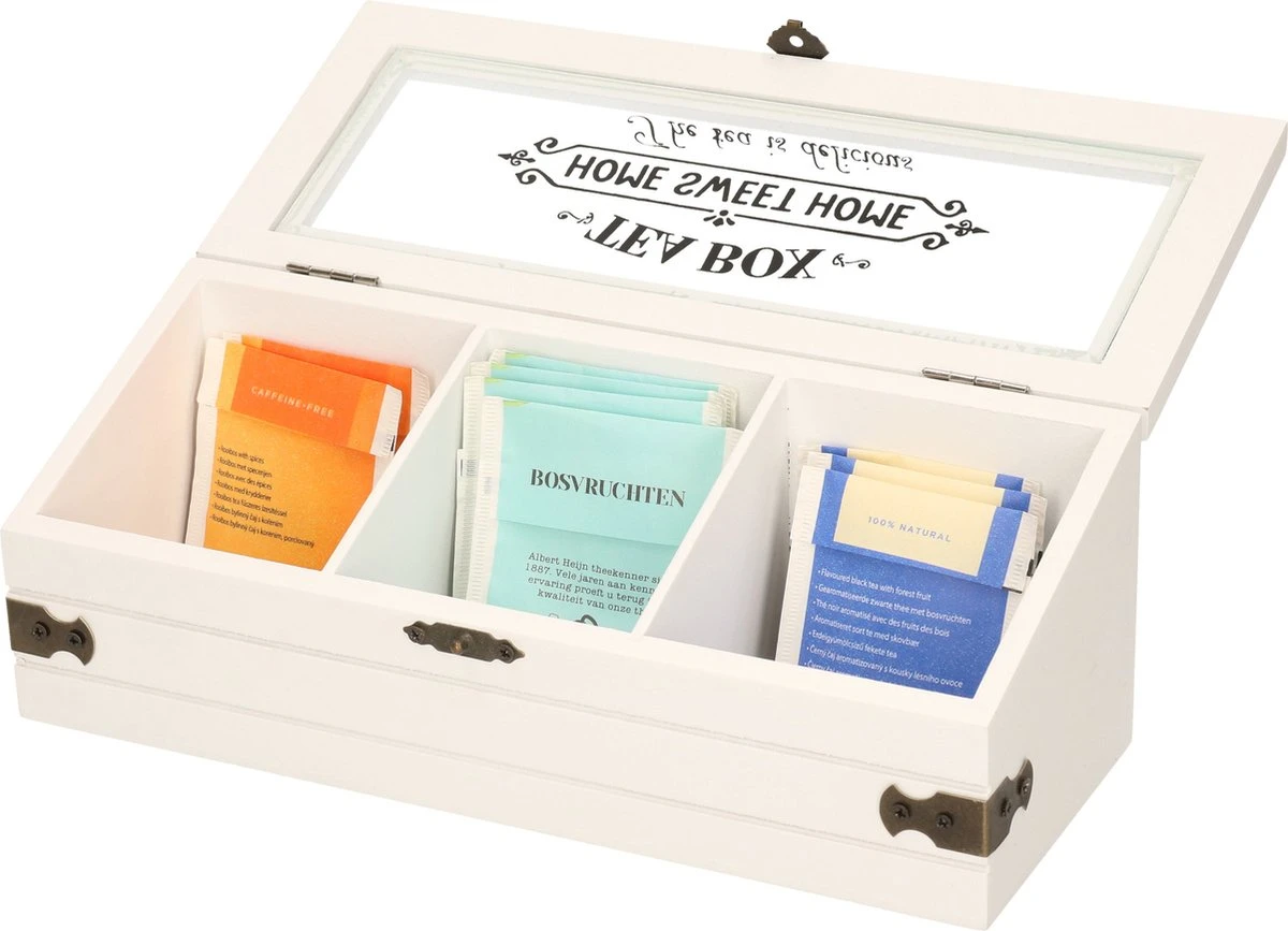 Excellent Houseware Houten Theedoos/theekist Met 3 Vakken - 24 X 9 X 9 Cm - Wit - Theedozen 4 Excellent Houseware Houten Theedoos/theekist Met 3 Vakken - 24 X 9 X 9 Cm - Wit - Theedozen - Afbeelding 2