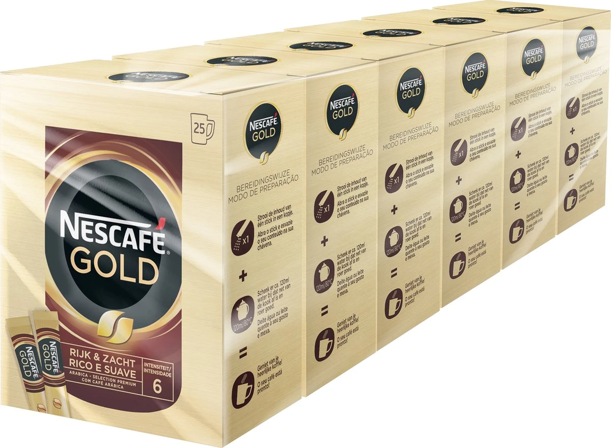 Nescafé Gold Oploskoffie - 6 Doosjes à 25 Zakjes 3 Nescafé Gold Oploskoffie - 6 Doosjes à 25 Zakjes