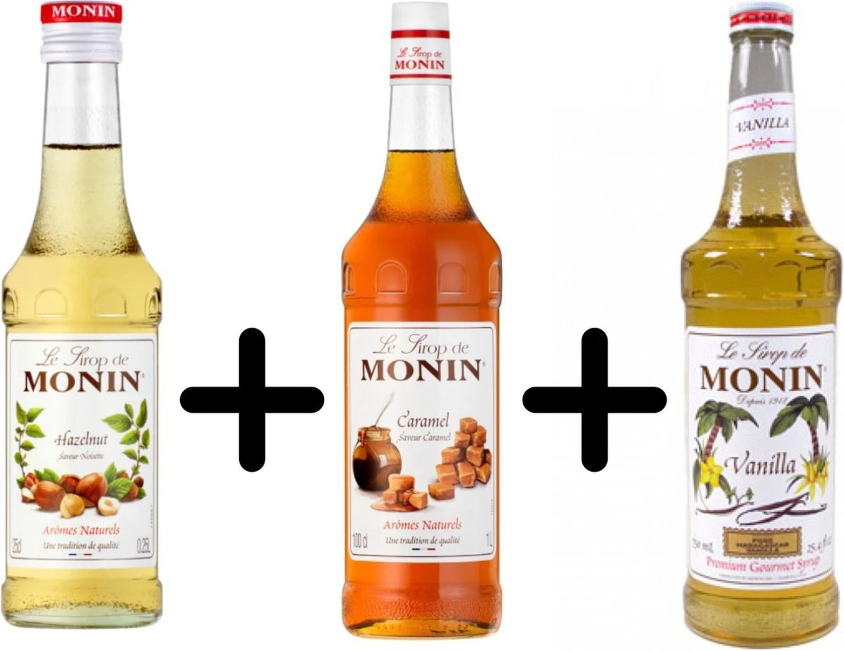 Monin Koffiesiroop VOORDEELPACK Vanille 25cl + Hazelnut 25cl + Caramel 25cl Set 3 Flessen 3 Monin Koffiesiroop VOORDEELPACK Vanille 25cl + Hazelnut 25cl + Caramel 25cl Set 3 Flessen