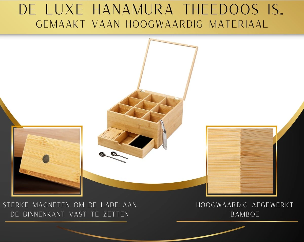 Hanamura Luxe Theedoos 9 Vaks – Lade Voor Losse Thee – Incl. Thee-ei, Theelepels, En Suikerdoos 6 Hanamura Luxe Theedoos 9 Vaks – Lade Voor Losse Thee – Incl. Thee-ei, Theelepels, En Suikerdoos - Afbeelding 4