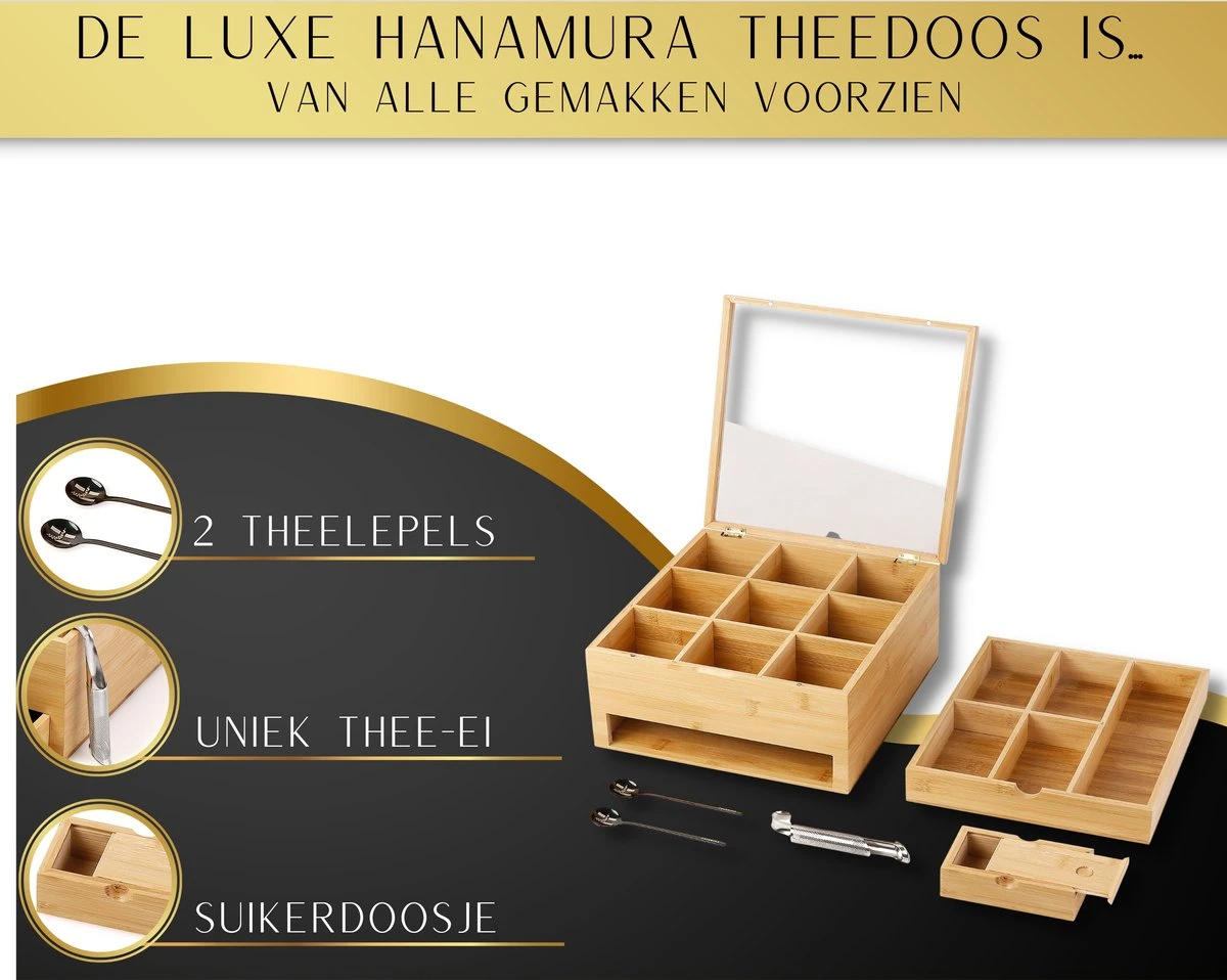 Hanamura Luxe Theedoos 9 Vaks – Lade Voor Losse Thee – Incl. Thee-ei, Theelepels, En Suikerdoos 7 Hanamura Luxe Theedoos 9 Vaks – Lade Voor Losse Thee – Incl. Thee-ei, Theelepels, En Suikerdoos - Afbeelding 5