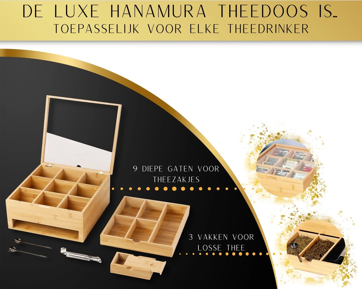 Hanamura Luxe Theedoos 9 Vaks – Lade Voor Losse Thee – Incl. Thee-ei, Theelepels, En Suikerdoos 5 Hanamura Luxe Theedoos 9 Vaks – Lade Voor Losse Thee – Incl. Thee-ei, Theelepels, En Suikerdoos - Afbeelding 3