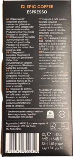 100 Capsules Epic Coffee - Espresso - Nespresso® Compatible Aluminium Capsules - RFA Keurmerk - Doos 100 Stuks -Koffiedranken 556x1200