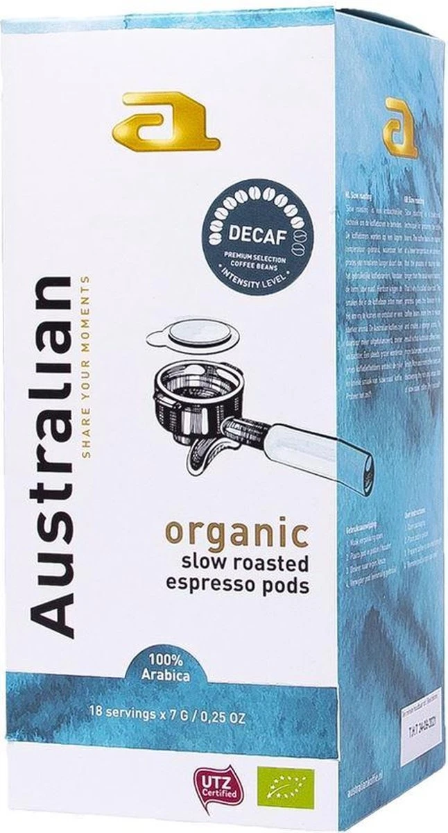 Australian Espresso Pods Decaf -4 X 18 Stuks- UTZ Organic 3 Australian Espresso Pods Decaf -4 X 18 Stuks- UTZ Organic