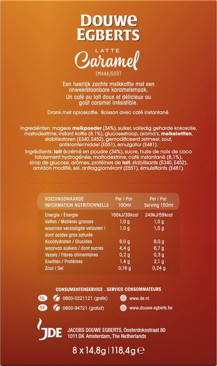 Douwe Egberts Verwenkoffie Latte Caramel Oploskoffie - 5 X 8 Zakjes 5 Douwe Egberts Verwenkoffie Latte Caramel Oploskoffie - 5 X 8 Zakjes - Afbeelding 3