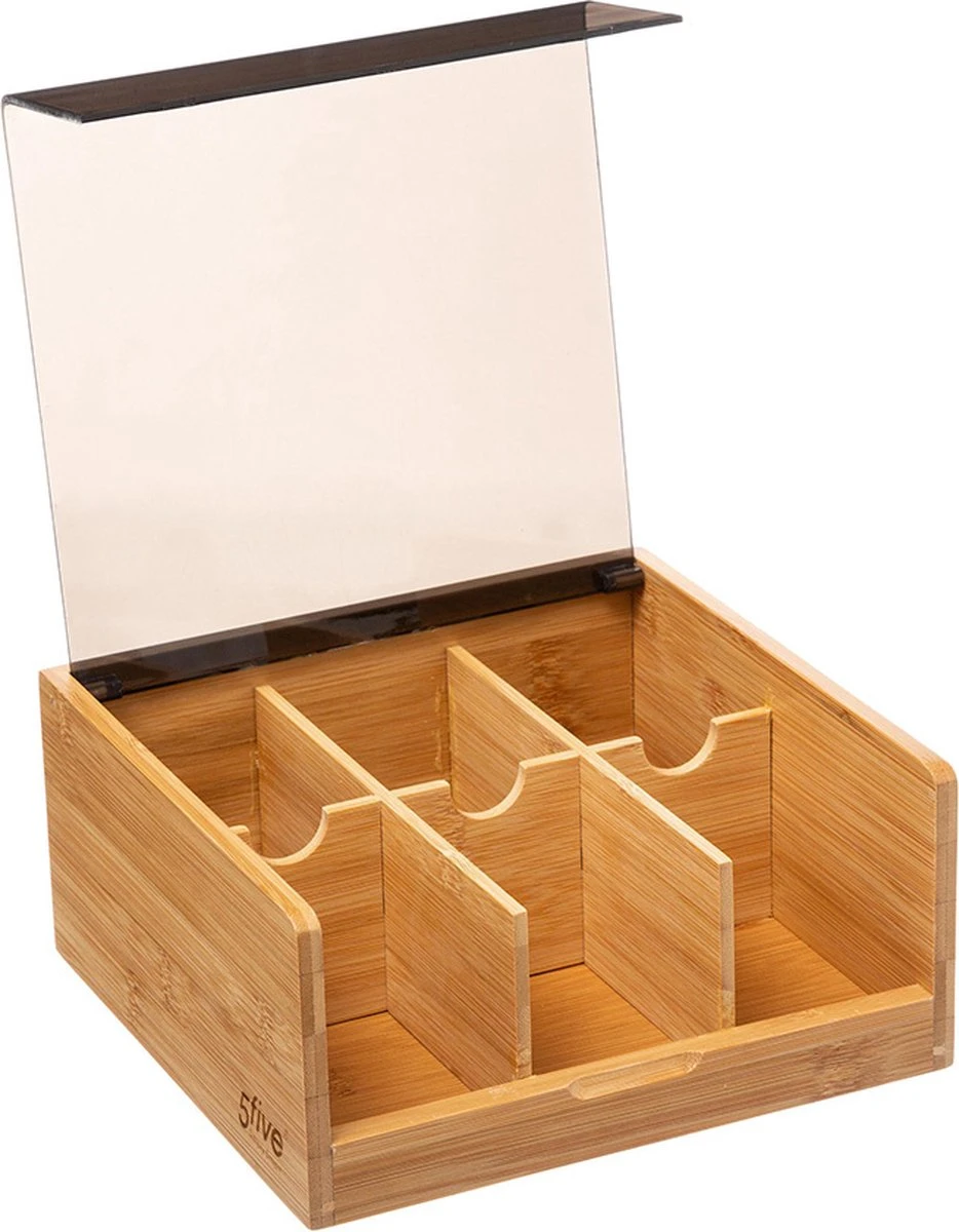 Theedoos/theekist Bruin/zwart 6-vaks 22 X 21 Cm Van Bamboe Hout - Theezakjes Doos/kist 3 Theedoos/theekist Bruin/zwart 6-vaks 22 X 21 Cm Van Bamboe Hout - Theezakjes Doos/kist