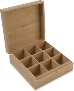 Theedoos Van ZENZYTEA® - Bamboe - Theedoos 9 Vaks - Inclusief 3 Theeblikken Voor Losse Thee - Geschikt Voor Grote & Kleine Theezakjes - Vierkant - Grote Vakken - Luxe Verpakking - Cadeau -Koffiedranken 975x1200